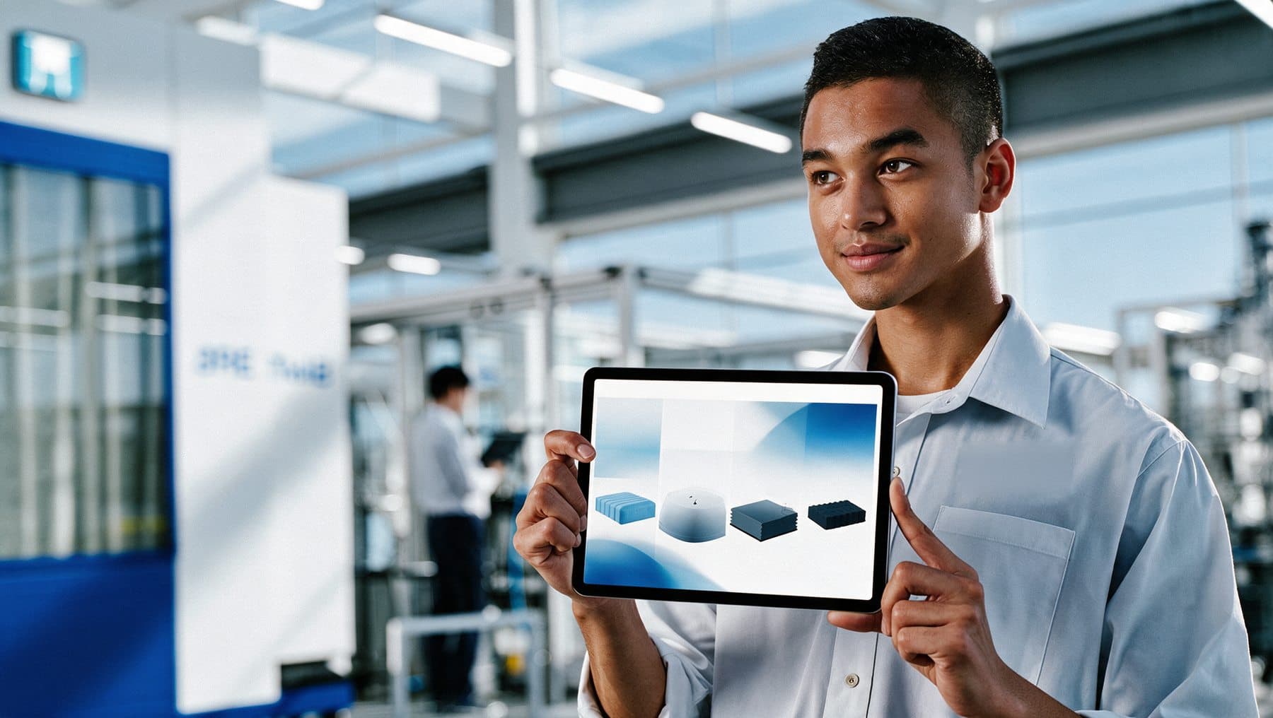 A quality technician on a bright factory floor holding up a tablet showing a row of moulded components, a colleague working at a machine behind him.