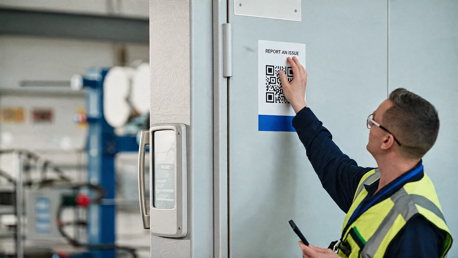 A worker in a hi-vis vest reaching up to scan the QR code on a REPORT AN ISSUE poster fixed to a plant door.