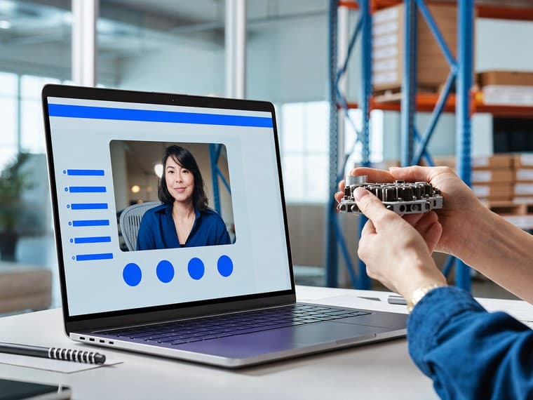 A buyer on a video call holding a machined casting up to her laptop camera, warehouse racking behind her.