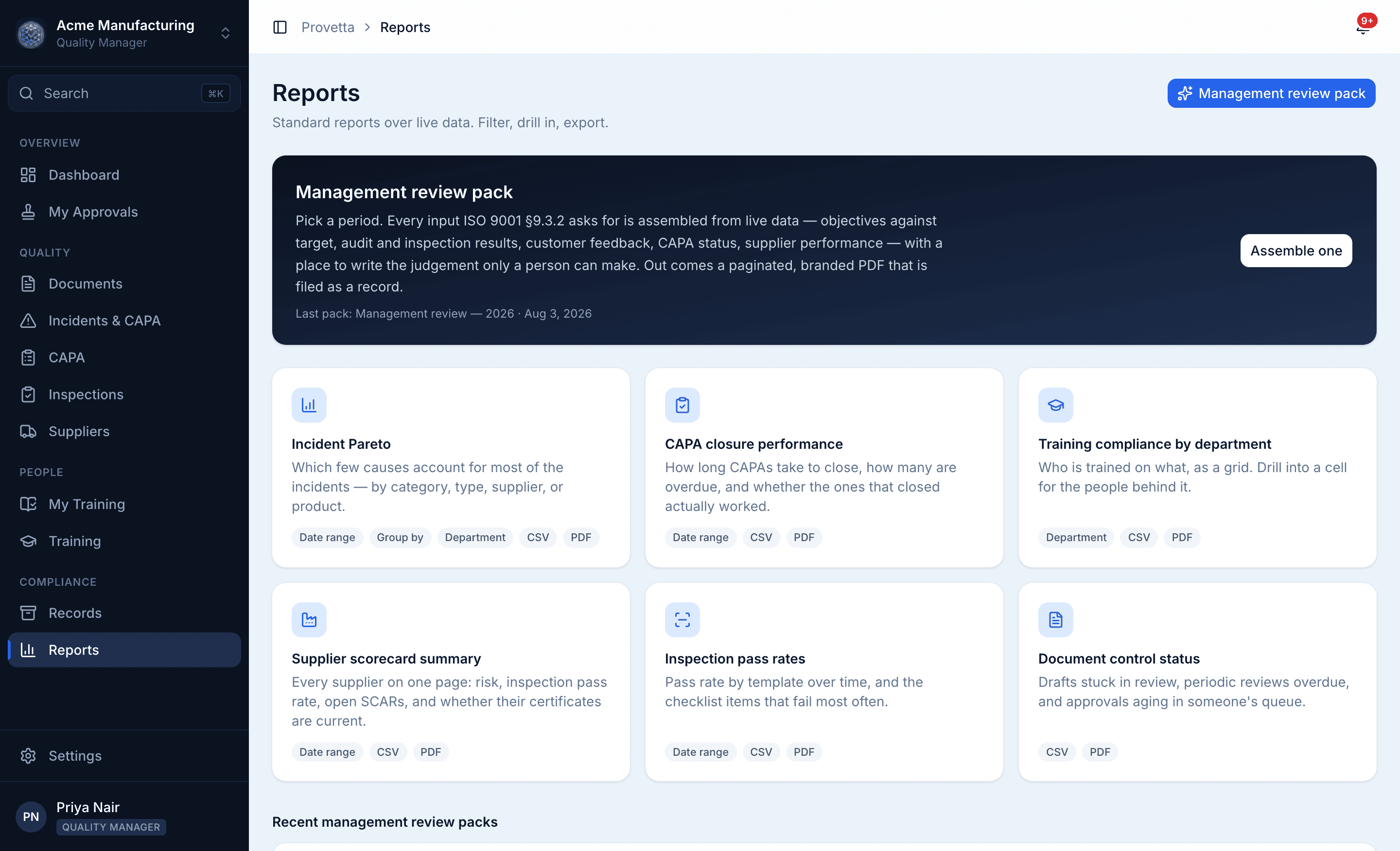 Reports & dashboards in Provetta